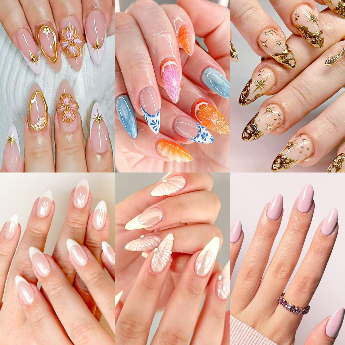 6 Packs (144 Pcs) | Reusable Press on Nails | Stick on Nails 12 Sizes-6 Styles|Almond Nails